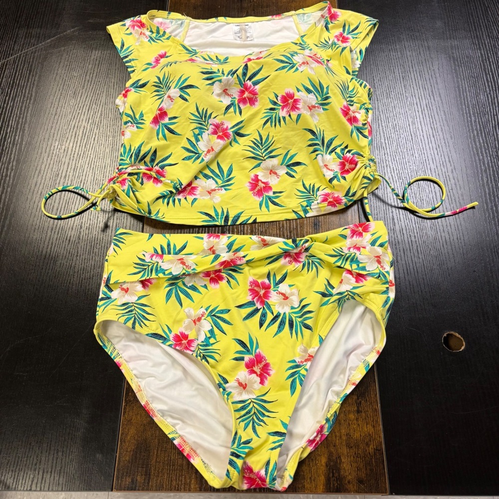 Lands‎ End Womens Yellow Tropical Floral Tankini Top High Waist Bottom Set 12
